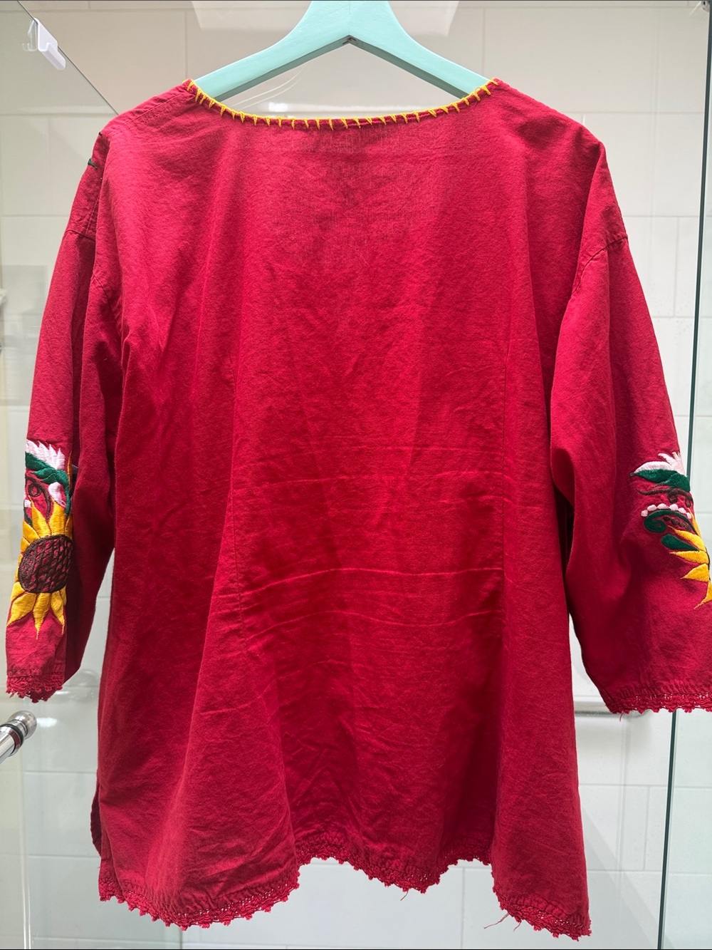 Women’s Sunflower Embroidered Red Long Sleeve Tunic Top - Picture 2 of 10